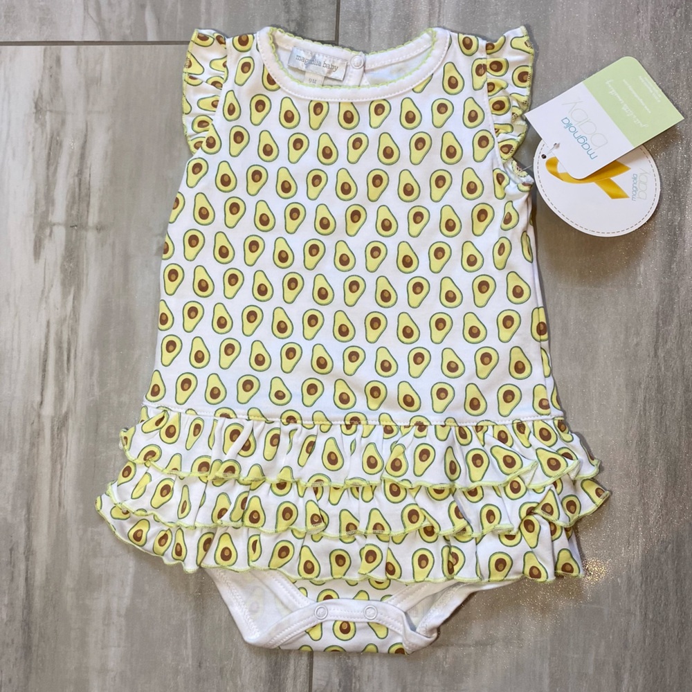 NWT Magnolia Baby Avocado Print Pima Cotton Ruffle Skirted Baby Romper, Girls 9M